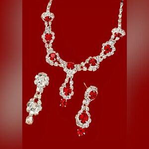 Stunning Necklace & Earrings Set faux Rubies & Cubic Zirconia NIP